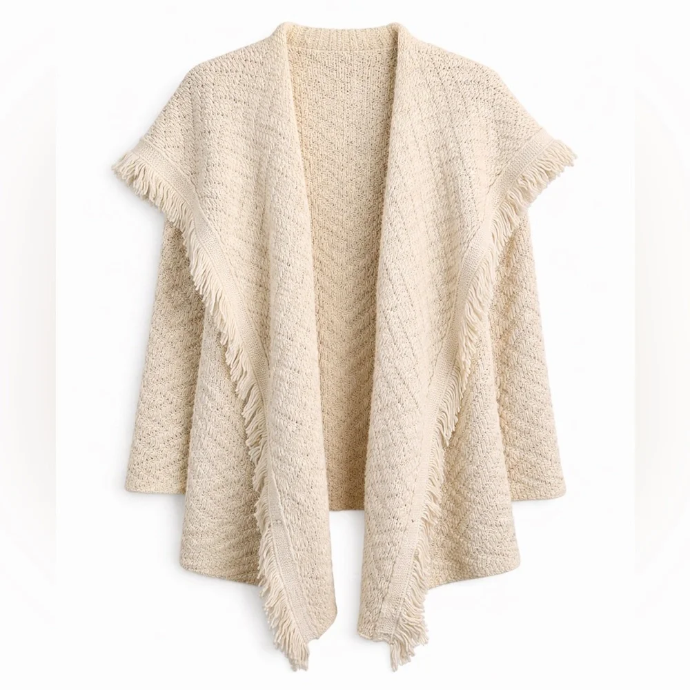 Angel of the North Fringe Cardigan Ivory Knit Boho Chevron Open Front Sweater M